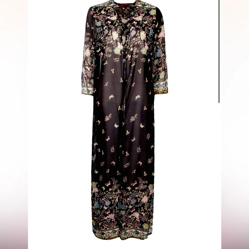 Floral Black Butterflies Sheer Maxi Kimono Coverup Cardigan size 5XL - Picture 2 of 9